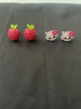 🌻 2 for $15 Betsy Johnson Red Crystal Apple and Hello Kitty Stud Earring Set